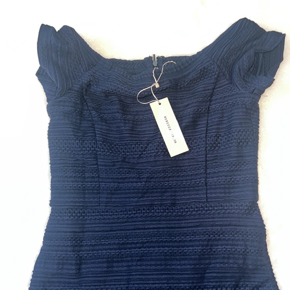 NWT Rebecca Taylor Navy Off the Shoulder Flounce A Line Dress Size 4 - Picture 3 of 7